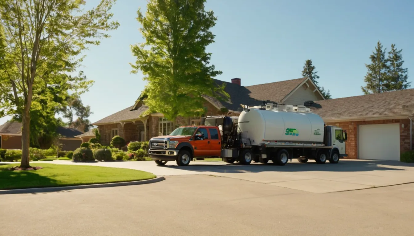 A septic service truck parked beside a single-story brick ranch home in Plano